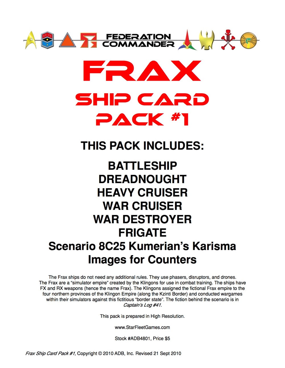 Federation Commander: Frax Ship Card Pack #1
