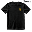 The front of a black t-shirt with a small yellow icon on the left chest. The icon is a Spyke head with the number 25 below it.