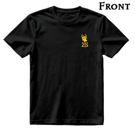 The front of a black t-shirt with a small yellow icon on the left chest. The icon is a Spyke head with the number 25 below it.
