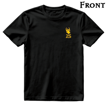 The front of a black t-shirt with a small yellow icon on the left chest. The icon is a Spyke head with the number 25 below it.