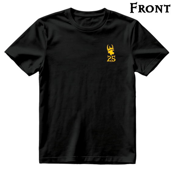 The front of a black t-shirt with a small yellow icon on the left chest. The icon is a Spyke head with the number 25 below it.