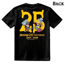 The back of a t-shirt with a large yellow number 25, partially obscured by Spyke and Flower. Text below the characters is in yellow: "Munchkin 25th Anniversary 2001-2026," followed the the Steve Jackson Games logo in white.