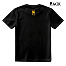The back of a black t-shirt with a small yellow icon between the upper shoulders. The icon is a Spyke head with the number 25 below it. 