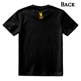 The back of a black t-shirt with a small yellow icon between the upper shoulders. The icon is a Spyke head with the number 25 below it. 