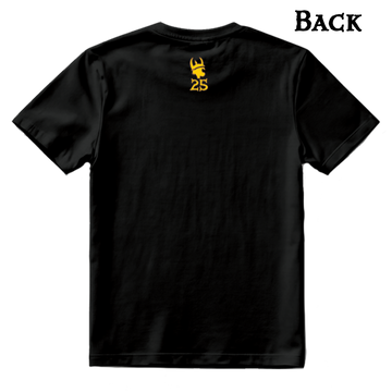 The back of a black t-shirt with a small yellow icon between the upper shoulders. The icon is a Spyke head with the number 25 below it. 
