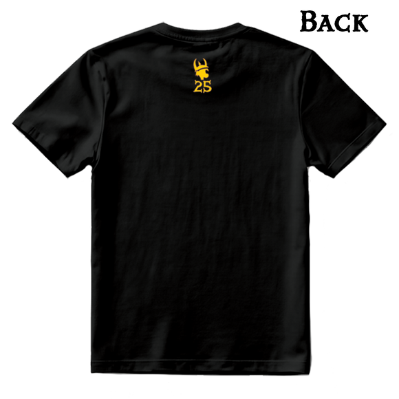 The back of a black t-shirt with a small yellow icon between the upper shoulders. The icon is a Spyke head with the number 25 below it. 