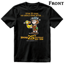 The front of a black t-shirt with an image of a Munchkin character holding the Duck of Doom. Yellow printed text above "After 25 years, you should know better ..." and below "Munchkin 25th Anniversary 2001 - 2026," followed by the Steve Jackson Games logo in white.