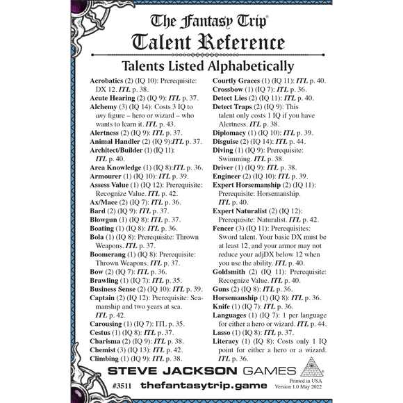 The Fantasy Trip Talent Reference