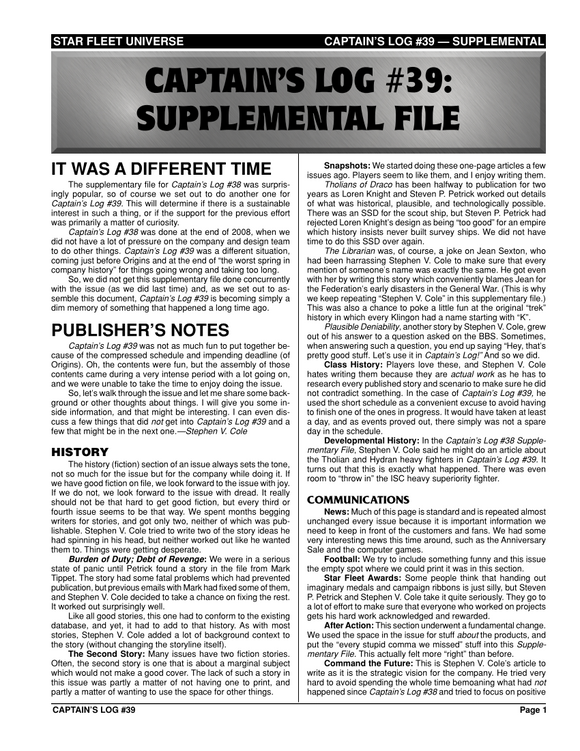 Captain's Log #39 Supplement