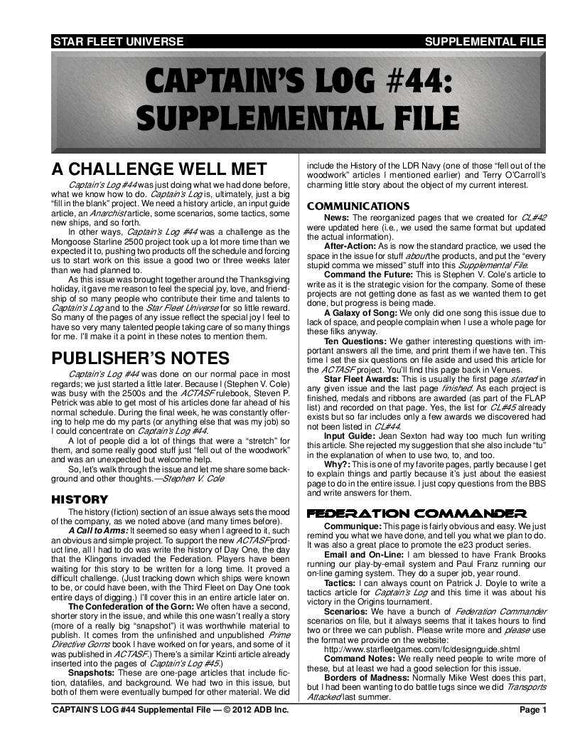 Captain's Log #44 Supplement