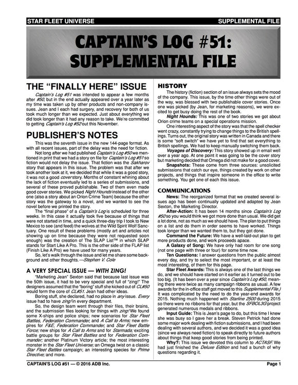 Captain's Log #51 Supplement