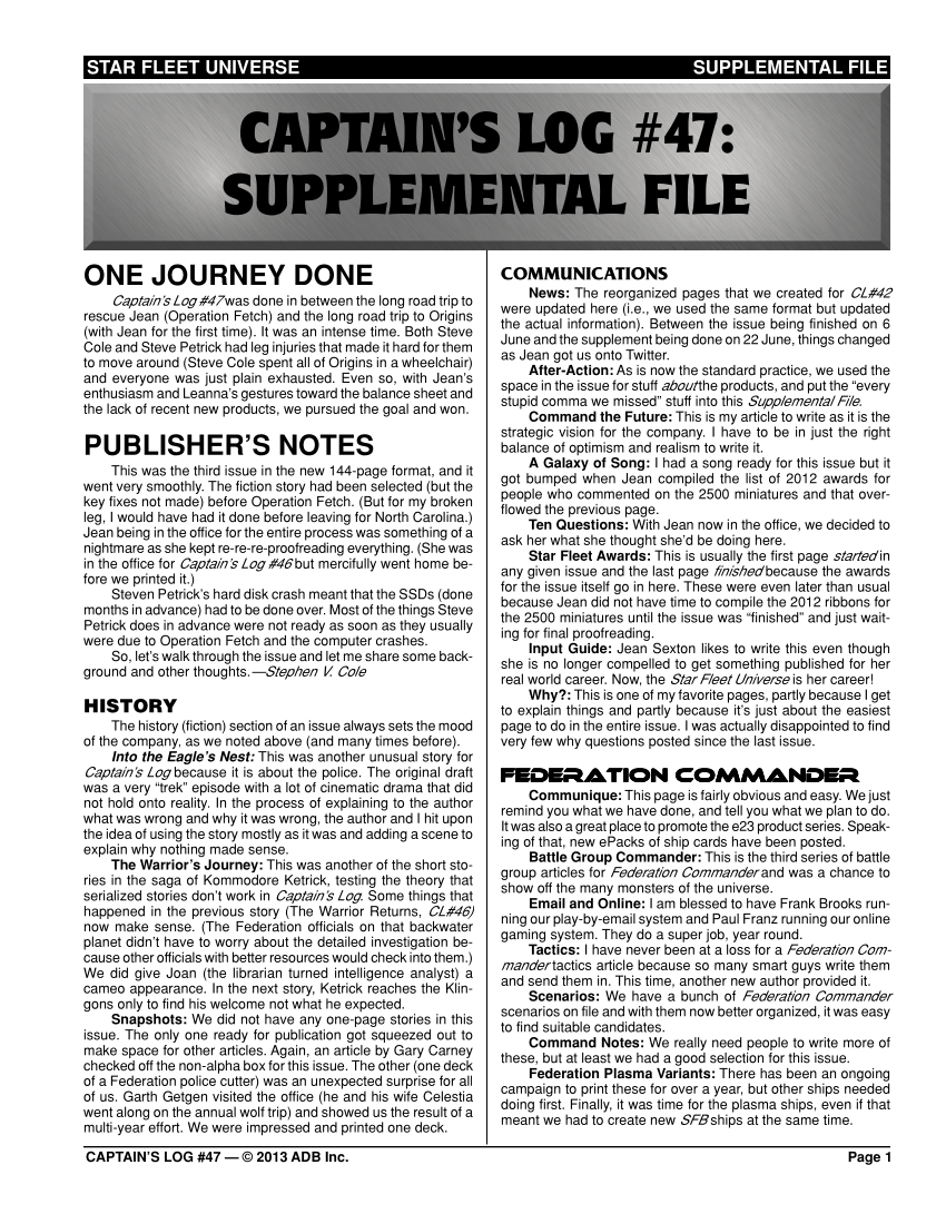 Captain's Log #47 Supplement