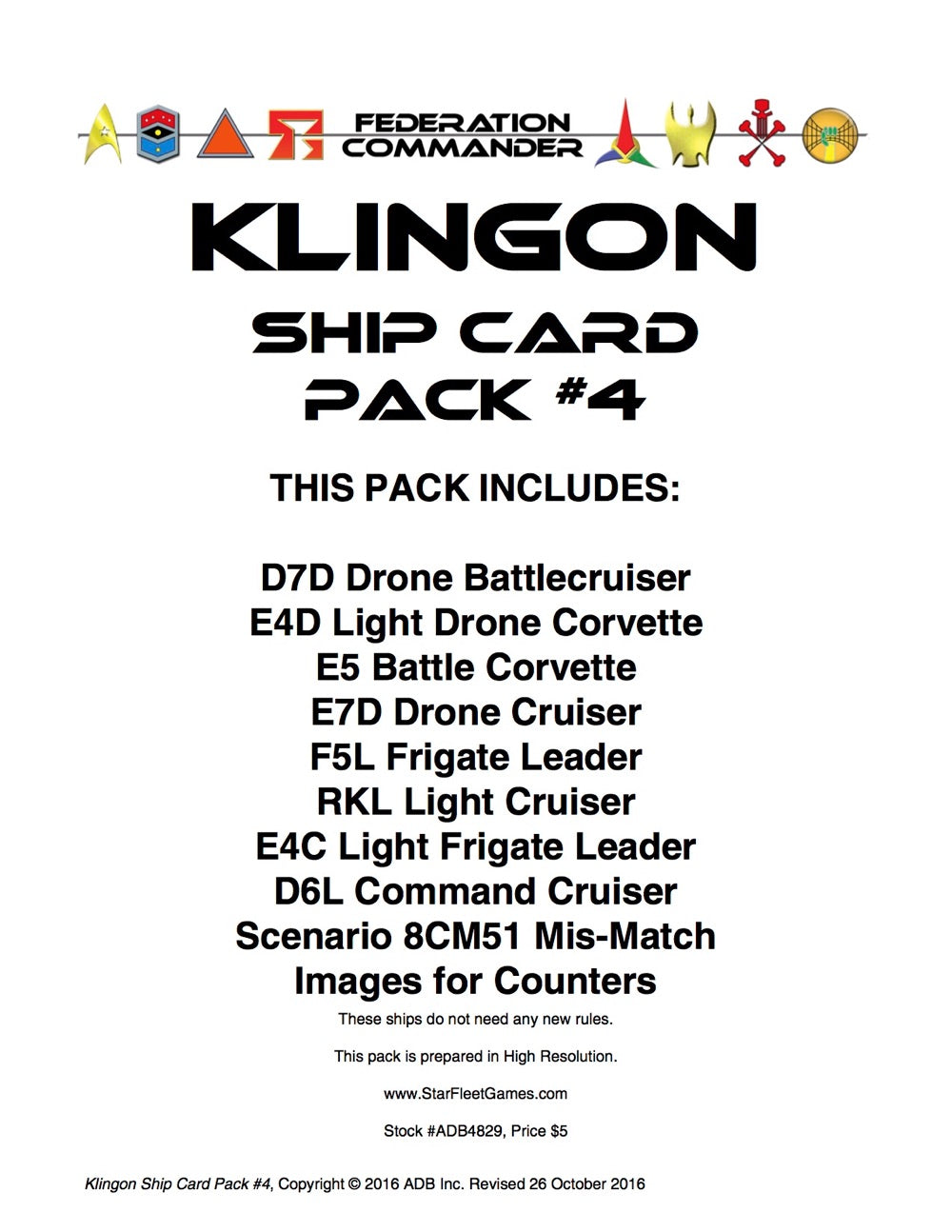 Federation Commander: Klingon Ship Card Pack #4
