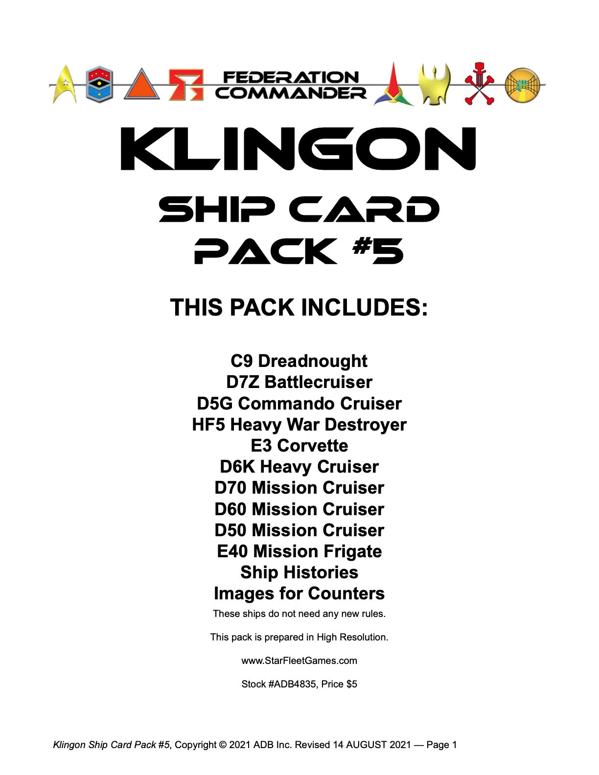 Federation Commander: Klingon Ship Card Pack #5