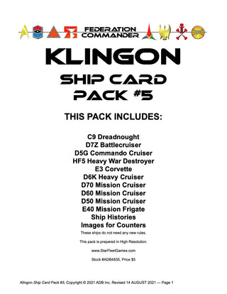 Federation Commander: Klingon Ship Card Pack #5